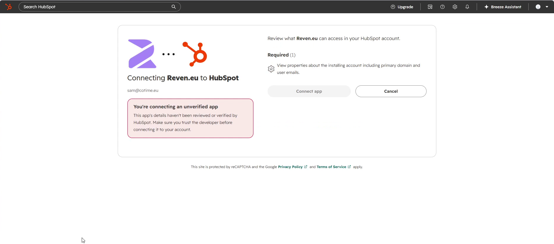 HubSpot consent screen showing the single required login scope