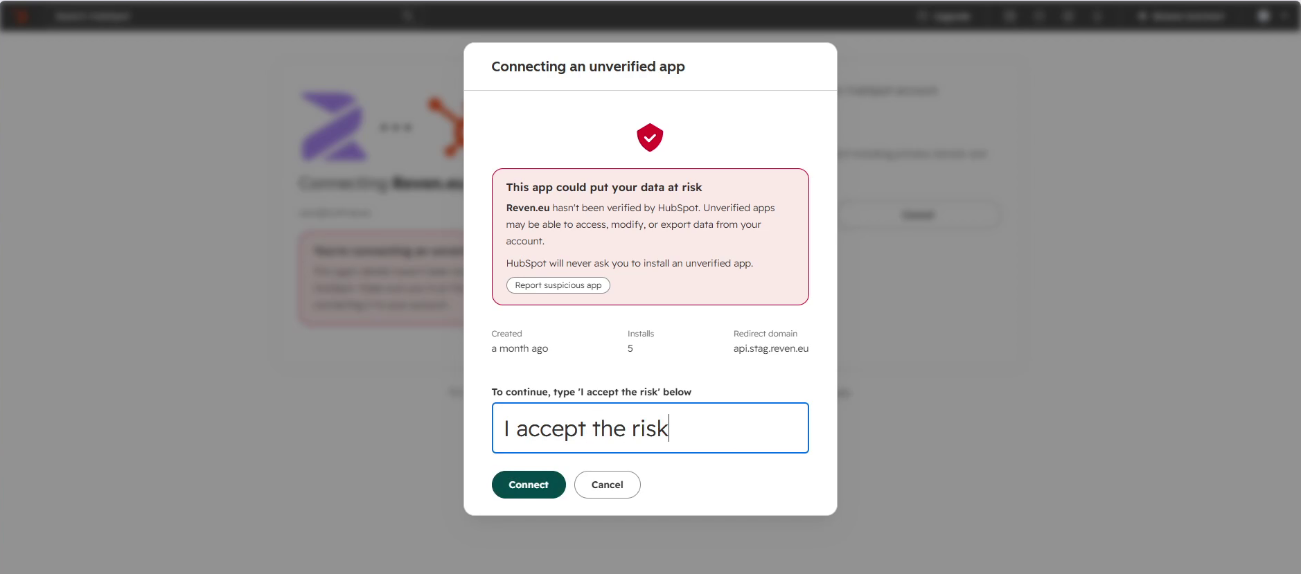 HubSpot unverified app risk warning with I accept the risk field
