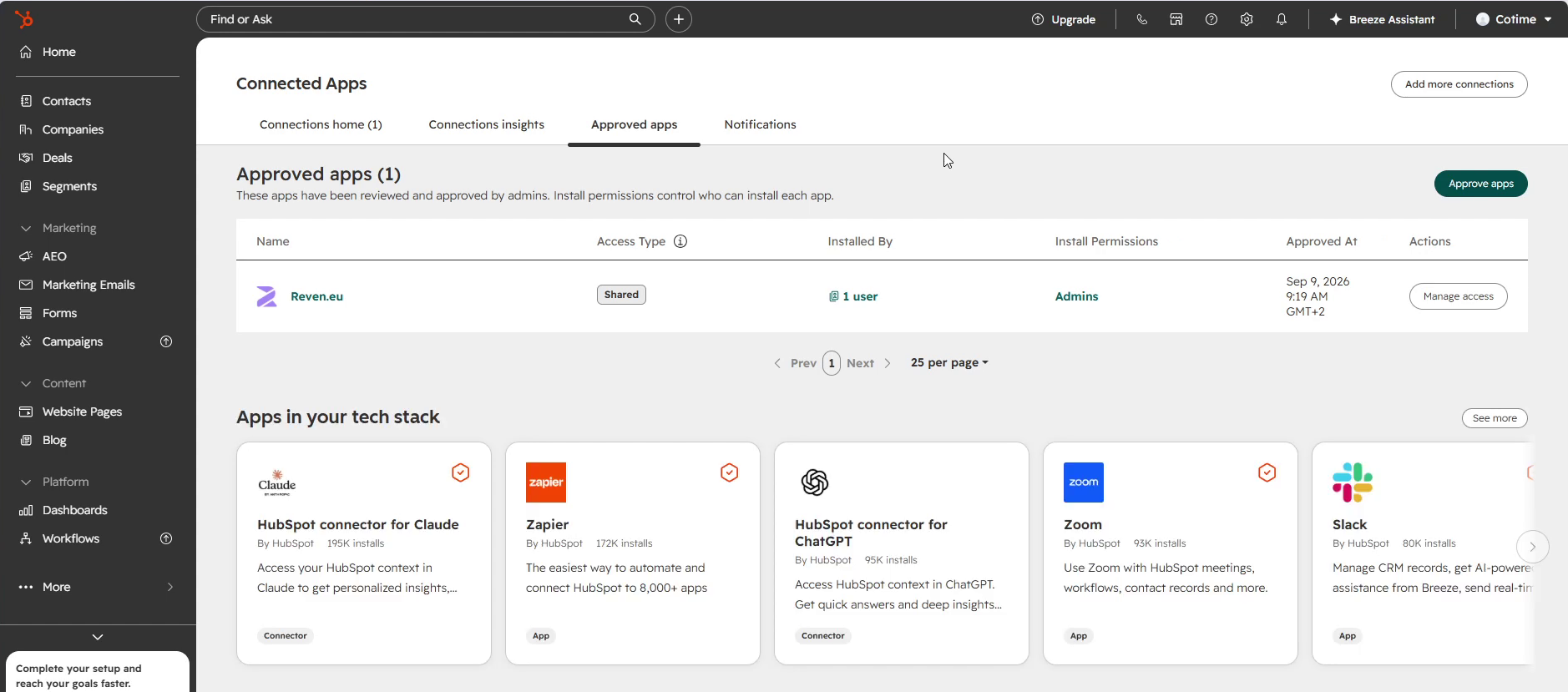 HubSpot Connected Apps, Approved apps tab, with Manage access button