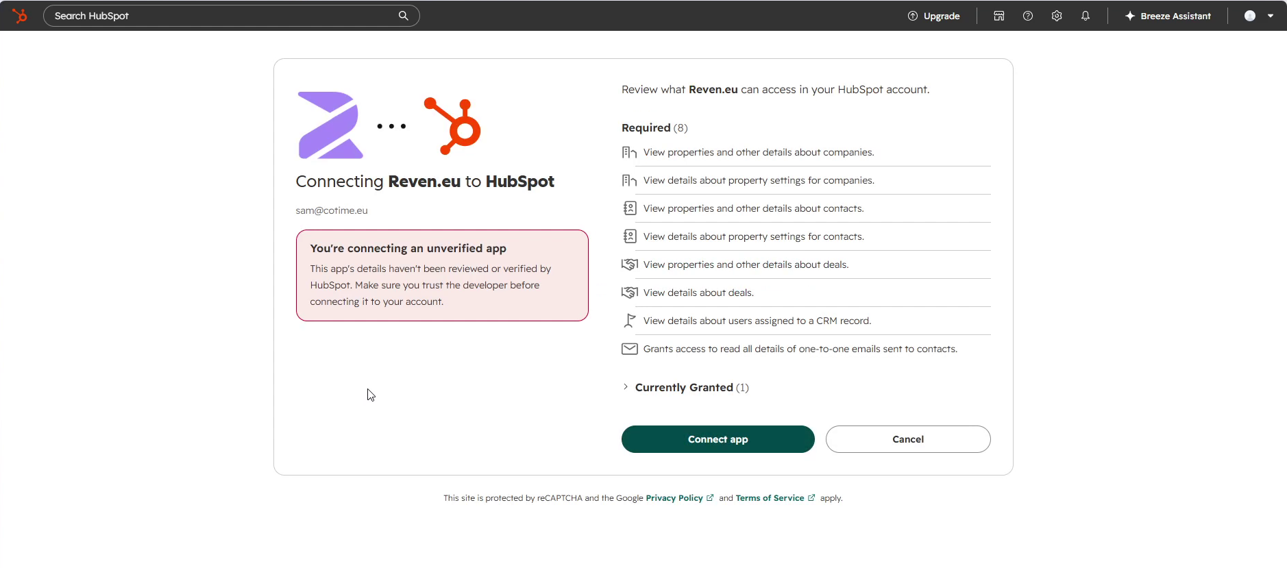 HubSpot consent screen listing all eight required scopes