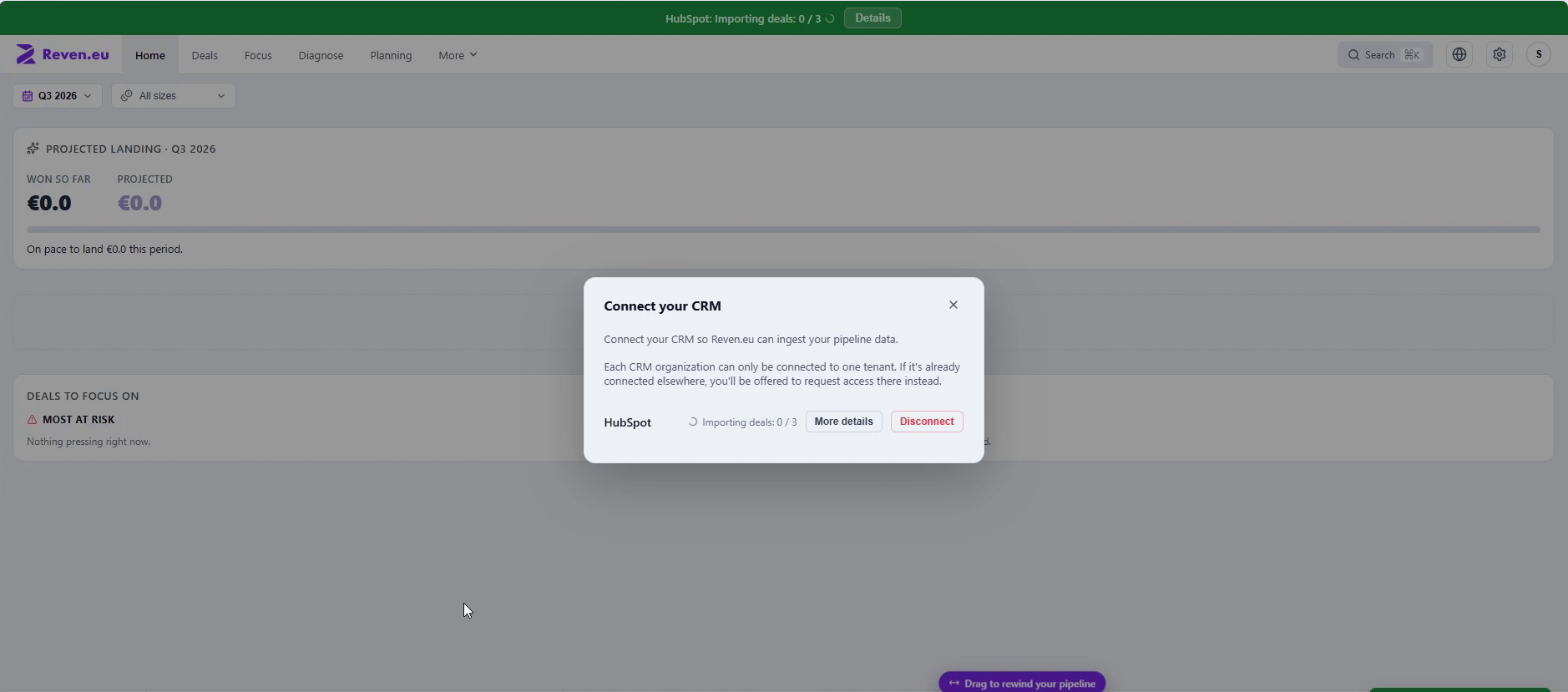 Reven.eu home screen showing CRM connection succeeded and deals importing