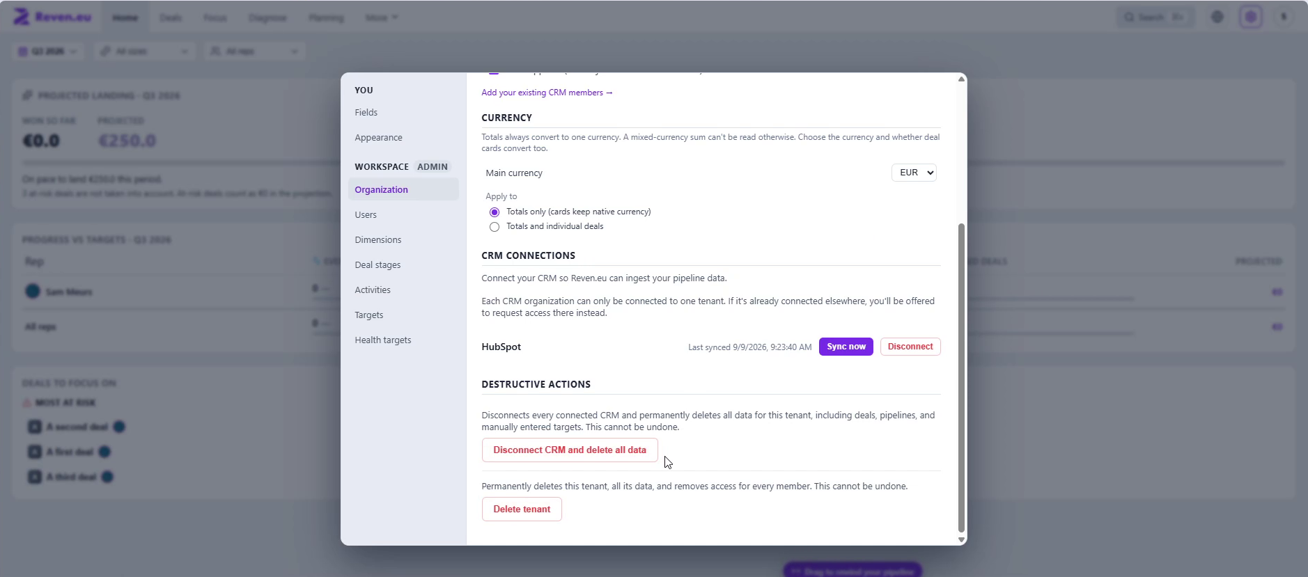 Organization settings showing Sync now, Disconnect, and the Destructive Actions section with Disconnect CRM and delete all data and Delete tenant buttons