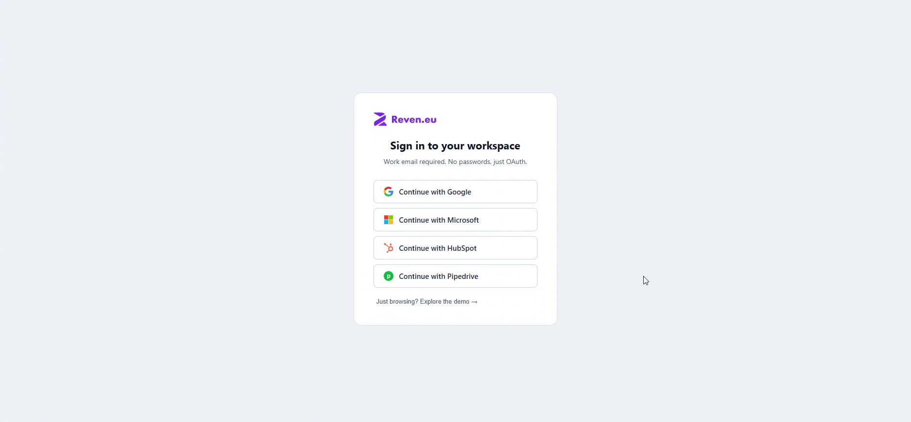 Reven.eu sign-in screen with Continue with Pipedrive option