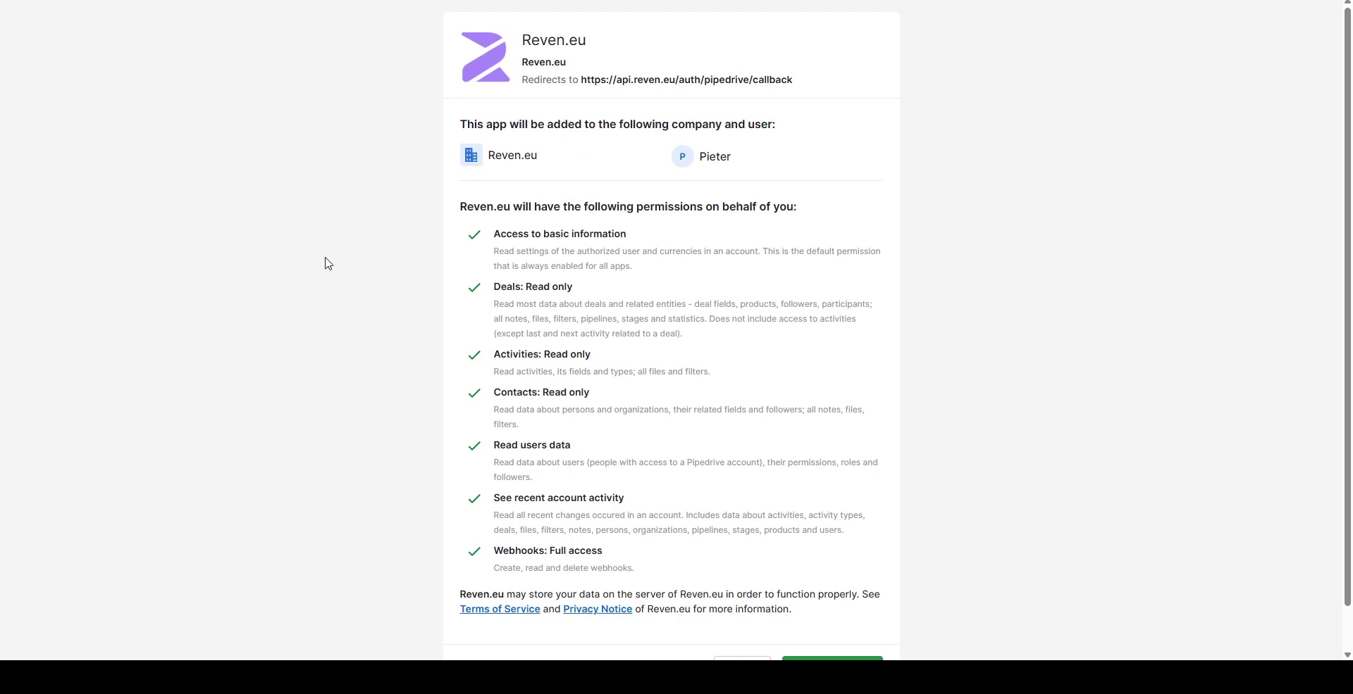 Pipedrive consent screen listing all requested permissions